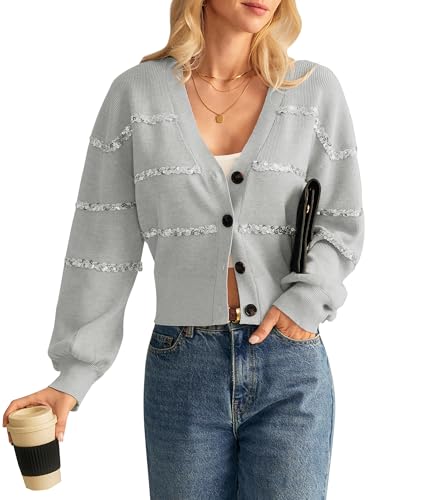 GRACE KARIN Damen-Cardigan-Pullover Button-Down-Langarm-Cardigan mit Pailletten-Gurtband Helles Blumengrau M von GRACE KARIN