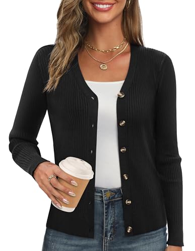 GRACE KARIN Damen Cardigan Strickjacke V-Ausschnitt Langarm Knopfleiste Gerippt Elegant Bequem für Herbst und Winter von GRACE KARIN