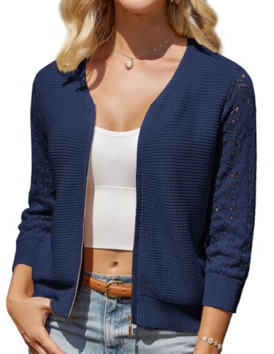 GRACE KARIN Damen Cardigan V-Ausschnitt Strickjacke Spitze Patchwork 3/4 Ärmel Reißverschluss Knitwear 2XL Marineblau von GRACE KARIN
