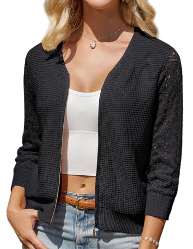 GRACE KARIN Damen Cardigan V-Ausschnitt Strickjacke Spitze Patchwork 3/4 Ärmel Reißverschluss Knitwear 2XL Schwarz von GRACE KARIN