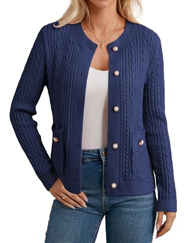 GRACE KARIN Damen Cardigan mit Strukturstoff Langarm Rundhals Knöpfe Taschen Elastisches Material CL262-03/Marineblau L von GRACE KARIN