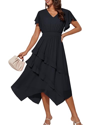 Damen Strandkleid Sommer Boho Flowing mit Rüschen Irregulär Lang Kleid S Schwarz von GRACE KARIN