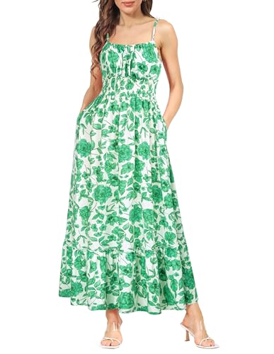 Kleid Damen Sommer Maxikleid Cami-Kleid Boho Kleid Ärmellos Blumenkleid Spaghettiträger Rüschen Freizeitkleid Strandkleid Grüne Blume M von GRACE KARIN