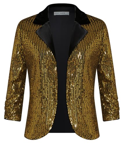 GRACE KARIN Damen Casual Cropped Blazerjacke 3/4 Ärmel Offene Blazer kurz Leicht Jacke Business Mantel Strickjacke Cardigan S Schwarz Gold von GRACE KARIN