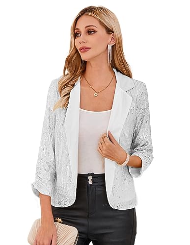 GRACE KARIN Damen Casual Cropped Blazerjacke 3/4 Ärmel Offene Blazer kurz Leicht Jacke Business Mantel Strickjacke Cardigan S Silber Weiß CL2577A23-02 von GRACE KARIN