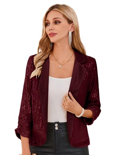 GRACE KARIN Damen Casual Cropped Blazerjacke 3/4 Ärmel Offene Blazer kurz Leicht Jacke Business Mantel Strickjacke Cardigan S Weinrot-Pailletten von GRACE KARIN