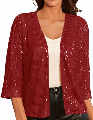 GRACE KARIN Damen Casual Cropped Pailletten-Cardigan 3/4 Ärmel Offene Blazer kurz Leicht Jacke Business Mantel Strickjacke Cardigan S Knallrot von GRACE KARIN