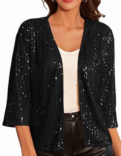 GRACE KARIN Damen Casual Cropped Pailletten-Cardiganjacke 3/4 Ärmel Offene Pailletten-Cardigan kurz Leicht Jacke Business Mantel Strickjacke Cardigan S Schwarz-Pailletten von GRACE KARIN