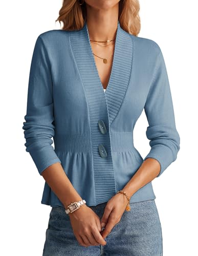 GRACE KARIN Damen Casual Langarm V-Ausschnitt Strickjacke Elegant Rüschensaum Strick Cardigan mit Taille Graublau 2XL von GRACE KARIN
