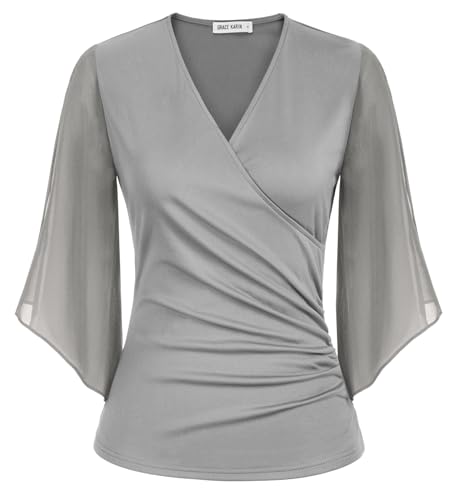 GRACE KARIN Damen Casual Modern Bluse V-Ausschnitt Chiffon Sommershirt 3/4 Ärmel Federmaus Elegant Tunika Hell Grau L von GRACE KARIN