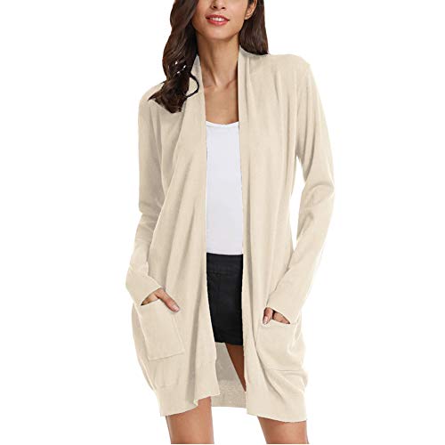 GRACE KARIN Damen Casual Open Front Cardigan Lang Strickpullover mit Taschen - Beige - Groß von GRACE KARIN