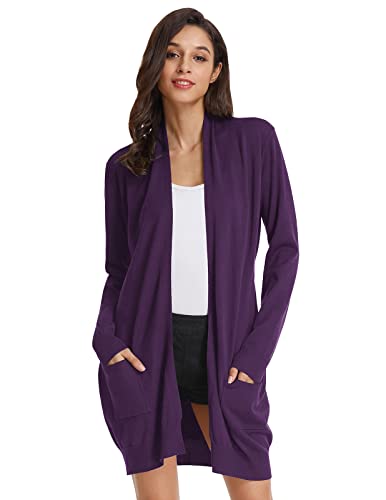 GRACE KARIN Damen Casual Open Front Cardigan Lange Strickpullis mit Taschen, deep purple, Mittel von GRACE KARIN