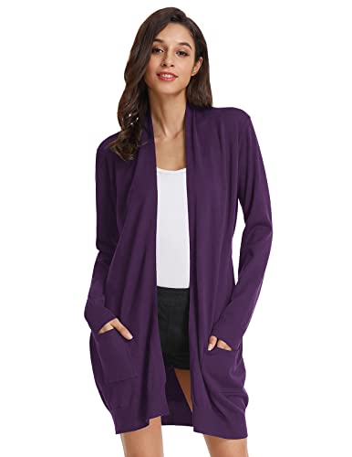 GRACE KARIN Damen Casual Open Front Cardigan Lange Strickpullover mit Taschen, deep purple, Klein von GRACE KARIN