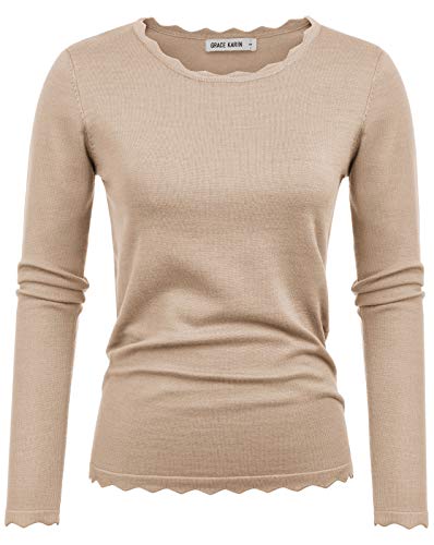 GRACE KARIN Damen Casual Pullover Dehnbar Freizeit Sweater Rundhals Spitzen Pullover Elegant Langarm Sweatshirt Büro Arbeit Oberteile Aprikose L von GRACE KARIN