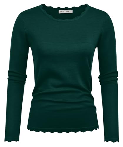 GRACE KARIN Damen Casual Pullover Dehnbar Freizeit Sweater Rundhals Spitzen Pullover Elegant Langarm Sweatshirt Büro Arbeit Oberteile Dunkelgrün L von GRACE KARIN