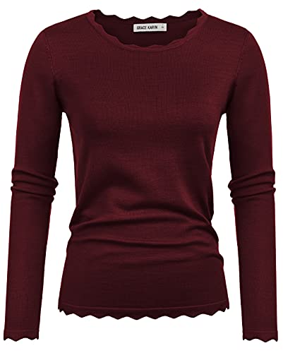 GRACE KARIN Damen Casual Pullover Dehnbar Freizeit Sweater Rundhals Spitzen Pullover Elegant Langarm Sweatshirt Büro Arbeit Oberteile Dunkelrot L von GRACE KARIN