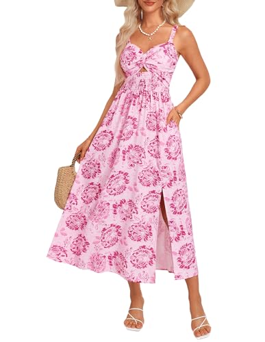 GRACE KARIN Damen Casual Sommer Blumenmuster Leicht Elegant Spaghettiträger Strandkleider Maxikleider Freizeitkleid Rosa XXL von GRACE KARIN