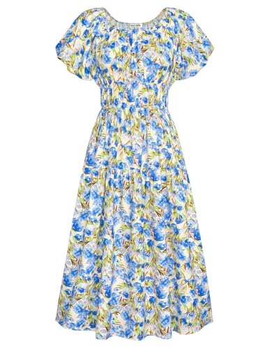 GRACE KARIN Damen Casual Sommerkleid Elastische Taille Off Shoulder Kurzarm A-Linie Kleid Boho Strand Midikleid mit Taschen Kleid Gelb-Blaue Blumen XXL von GRACE KARIN