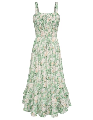 GRACE KARIN Damen Casual Strandkleider elegant Blumenmuster Kleid fließender Schwung lässig Spaghetti Trägerkleid M Grün-Weiß Gelbe Blume CL1947S23-17 von GRACE KARIN