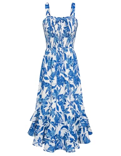 GRACE KARIN Damen Casual Strandkleider elegant Blumenmuster Kleid fließender Schwung lässig Spaghetti Trägerkleid M Weiß-Blaue Blume Blume CL1947S23-14 von GRACE KARIN