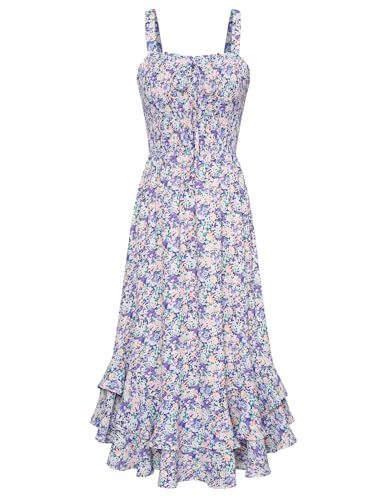 GRACE KARIN Damen Casual Strandkleider elegant Blumenmuster Kleid fließender Schwung lässig Spaghetti Trägerkleid M Weiß-Lila Blumen CL1947S23-19 von GRACE KARIN