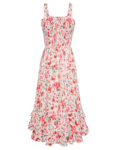 GRACE KARIN Damen Casual Strandkleider elegant Blumenmuster Kleid fließender Schwung lässig Spaghetti Trägerkleid M Weiß-Rosa Blumen CL1947S23-18 von GRACE KARIN