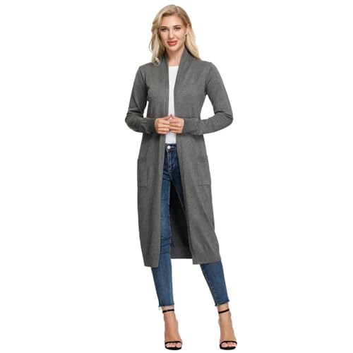 GRACE KARIN Damen Casual Strickjacke Offene Langarm Knitwear Maxi Lang Cardigan Sweater Pullover Dunkelgrau M CLE02380-3 von GRACE KARIN