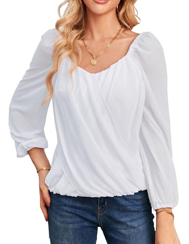 GRACE KARIN Damen Casual V-Ausschnitt Chiffon Blusen Elegnat Langarm Oberteil Tops Weiß XXL von GRACE KARIN