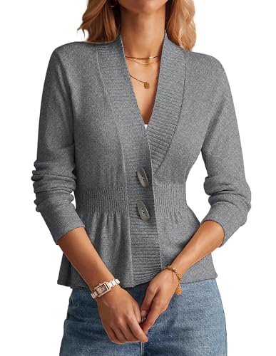 GRACE KARIN Damen Casual V-Ausschnitt Strickjacke mit Knöpfe Langärmellig Strickpullover Grau L von GRACE KARIN