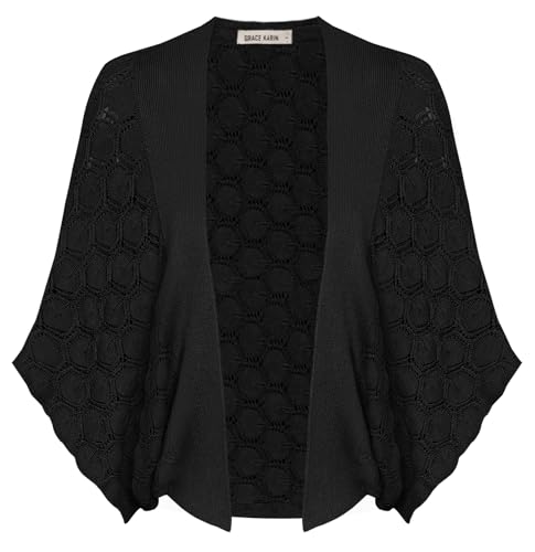 GRACE KARIN Damen Causal Cardigan Kurzarm Fledermaus Offene Front Strand Festlich Bolero Strickjacke Schwarz M von GRACE KARIN