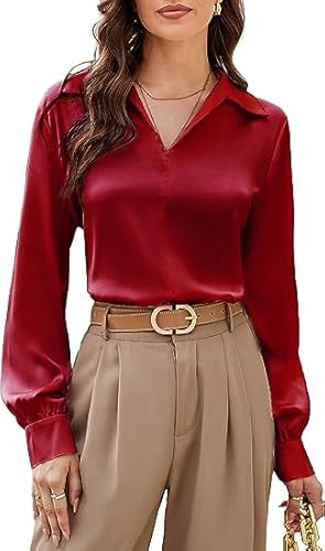 GRACE KARIN Damen Causal Langarmshirt V-Ausschnitt Hemd Lose Satin Oberteil Elegant Einfarbig Shirt, Farbe: Dunkelrot, Größe: M von GRACE KARIN