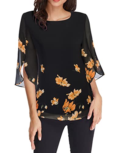 GRACE KARIN Damen Chiffon Bluse Langarm Rundhals Oberteile Langarmshirt Casual Elegant Tops M Schwarz-Gelb CLAF15-37 von GRACE KARIN