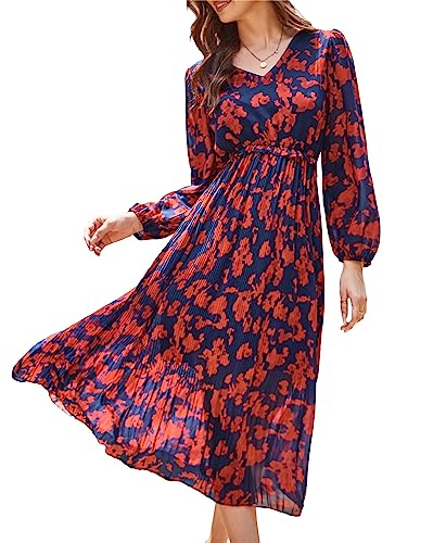 GRACE KARIN Damen Chiffon Kleid Beiläufig Bohemien Blumen Drucken Maxikleid Langarm V-Ausschnitt Freizeitkleid Strand Urlaub Kleid Dunkelblau mit Rote Blumen XL von GRACE KARIN