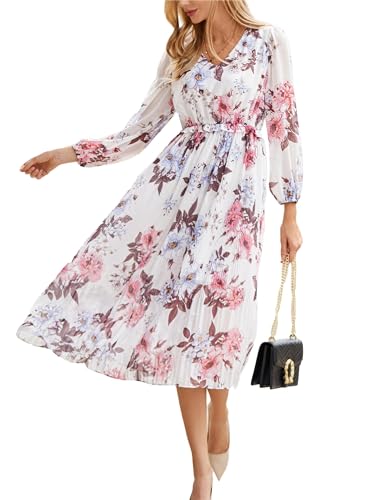 GRACE KARIN Damen Chiffon Kleid Beiläufig Bohemien Blumen Drucken Maxikleid Langarm V-Ausschnitt Freizeitkleid Strand Urlaub Kleid von GRACE KARIN