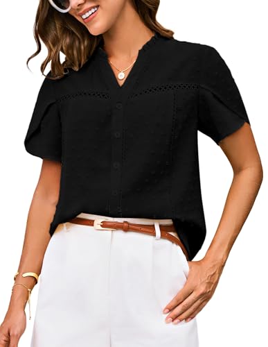 GRACE KARIN Damen Chiffon Oberteile Kurzarm Henley Ausschnitt Festliche Tunika Sommer Bluse Elegant Schwarz 2XL von GRACE KARIN