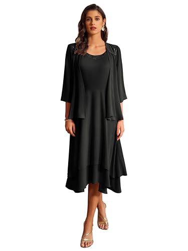 GRACE KARIN Damen Chiffon Rundhals Ärmellos A-Linie Kleid + Strickjacke Zweiteiliges Set, Schwarz , 40 von GRACE KARIN