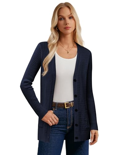 GRACE KARIN Damen Classic Strickjacke Langarm Casual Cardigan Zopfmuster Button Down Marine S von GRACE KARIN