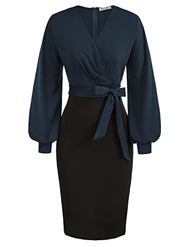 GRACE KARIN Damen CocktailKleid Arbeit Bodycon Hochzeit Gast Büro Kleider V-Ausschnitt Langarm HIPS-Wrapped Kleid mit Gürtel L Navyblau-schwarz CL0761S21-03 von GRACE KARIN