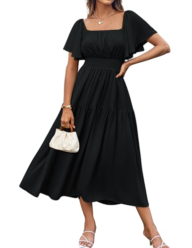 GRACE KARIN Damen Cocktailkleid Elegant Chiffonkleid Lang A-Liniekleid Elastische Taille Schwarz S von GRACE KARIN