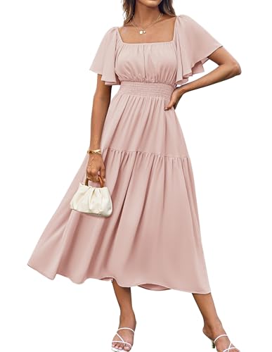GRACE KARIN Damen Cocktailkleid Elegant Lang Sommerkleid Quadratischer Ausschnitt Kurze Ärmel Grau Rosa 2XL von GRACE KARIN
