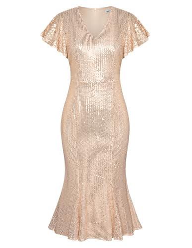 GRACE KARIN Damen Cocktailkleid Winter Lässig Wickelkleid Hochzeit Partykleid S Champagner-Gold-4 von GRACE KARIN