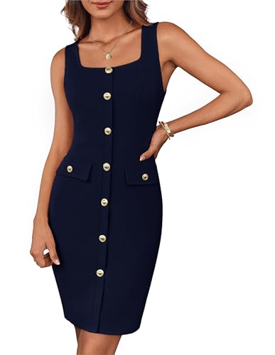 GRACE KARIN Damen Cocktailkleider Knöpfe Gegürtet Quadratischer Ausschnitt Business Arbeit Kleid Ärmellos Bodycon Mini Kleid mit Gürtel Marineblau XL von GRACE KARIN