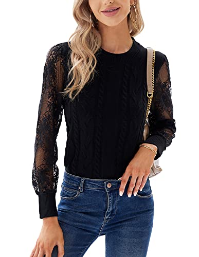 GRACE KARIN Damen Color Block Lace Pullover Langarm Pulli Herbst Oberteile Tops Schwarz M von GRACE KARIN