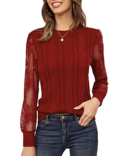 GRACE KARIN Pullover Damen Herbst Crewneck Strickpulli Sweatshirt Spitze Patchwork Langarm Tops Rot L von GRACE KARIN