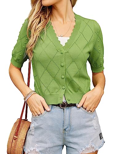 GRACE KARIN Damen Cropped Cardigan Puff Kurzarm Pullover Tops V-Ausschnitt Knopfleiste Strickwaren, Grün , Groß von GRACE KARIN