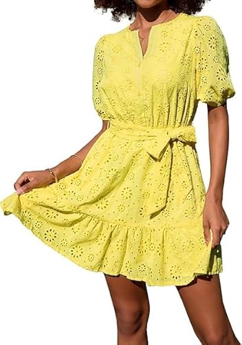 GRACE KARIN Damen Damen Freizeitkleid Kurzarm A-Linie Kleid Öse Sommer V-Ausschnitt Laterne Kurzarm Hohlkragen Geraffte Hochzeit Gast Kurzes Kleid mit Gürtel Gelb XXL von GRACE KARIN