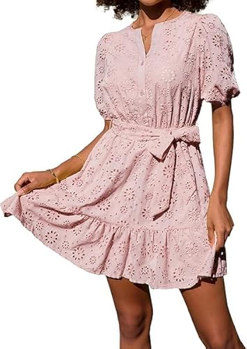 GRACE KARIN Damen Damen Freizeitkleid Kurzarm A-Linie Kleid Öse Sommer V-Ausschnitt Laterne Kurzarm Hohlkragen Geraffte Hochzeit Gast Kurzes Kleid mit Gürtel Rosa XXL von GRACE KARIN