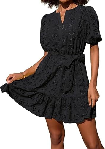 GRACE KARIN Damen Damen Freizeitkleid Kurzarm A-Linie Kleid Öse Sommer V-Ausschnitt Laterne Kurzarm Hohlkragen Geraffte Hochzeit Gast Kurzes Kleid mit Gürtel Schwarz L von GRACE KARIN