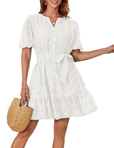 GRACE KARIN Damen Damen Freizeitkleid Kurzarm A-Linie Kleid Öse Sommer V-Ausschnitt Laterne Kurzarm Hohlkragen Geraffte Hochzeit Gast Kurzes Kleid mit Gürtel Weiß XXL von GRACE KARIN