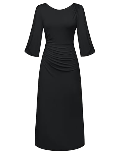 GRACE KARIN Damen Dehnbar Langes Kleid Rundhalsausschnitt Kurze Ärmel Gerafft Festliches Partykleid Schwarz Größe 2XL von GRACE KARIN